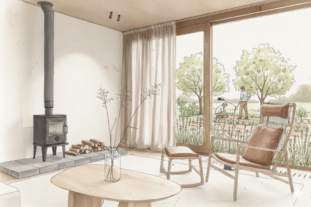 Interieur met houtkachel en uitzicht op tuinwerkzaamheden
