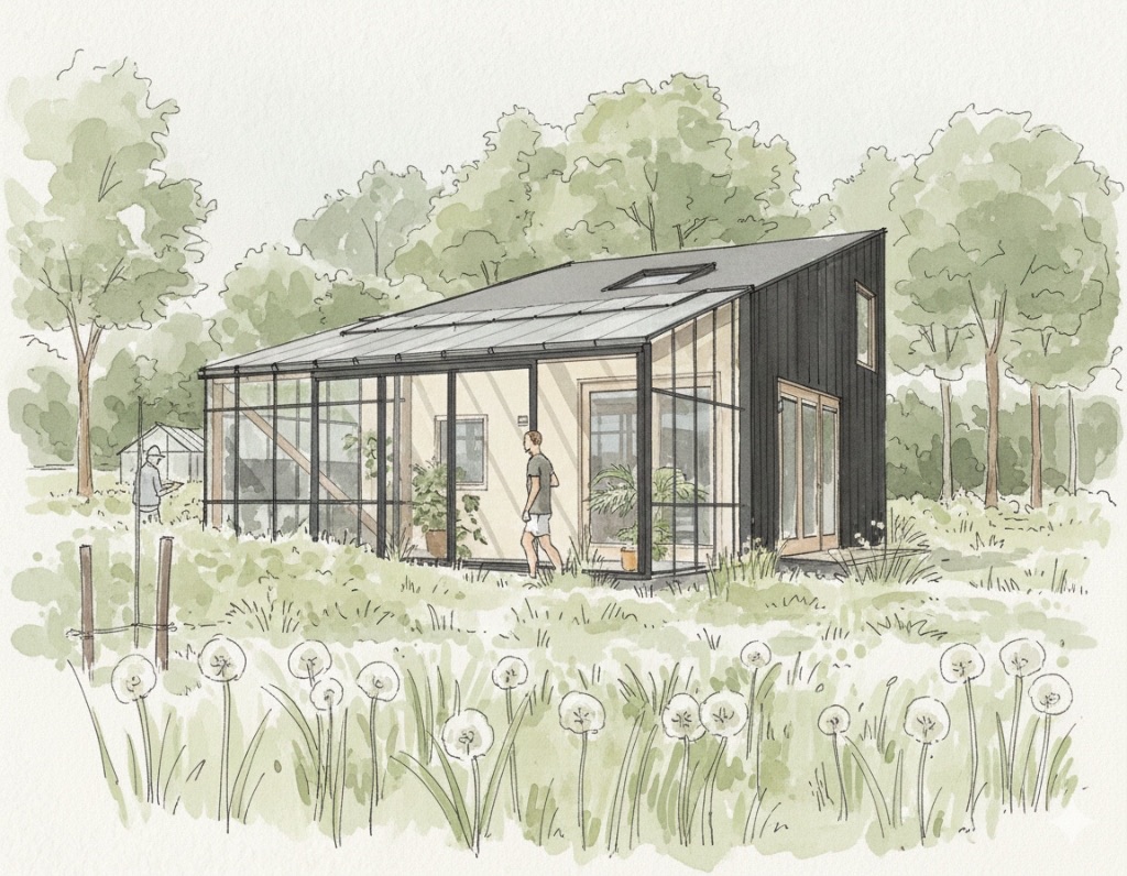 Aquarel van een kaswoning omgeven door natuur