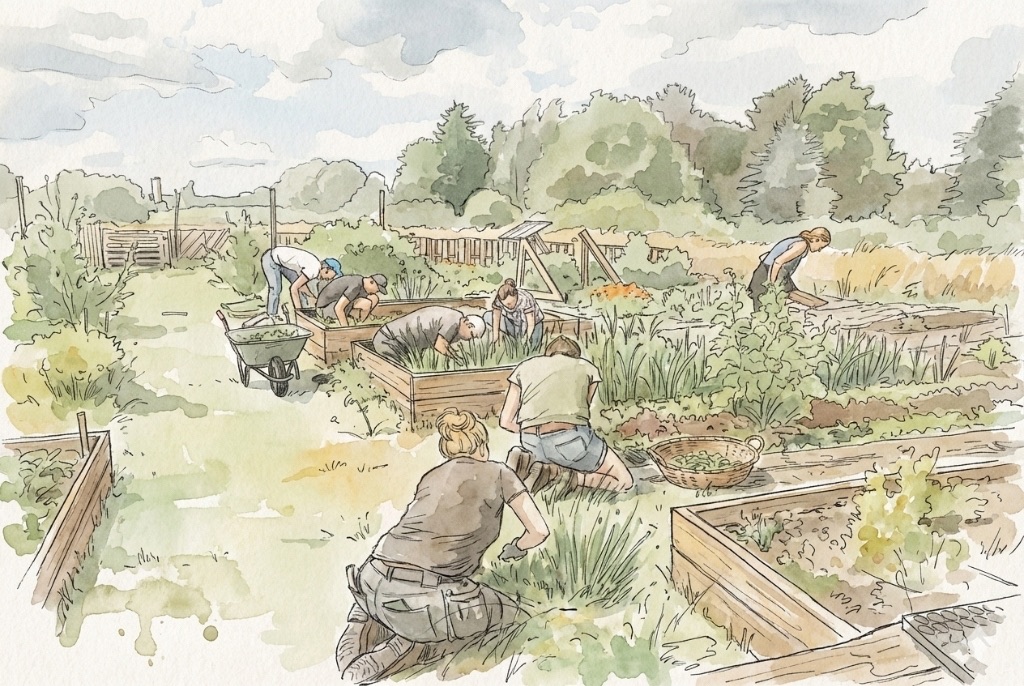 Aquarel van mensen die samen in de moestuin werken