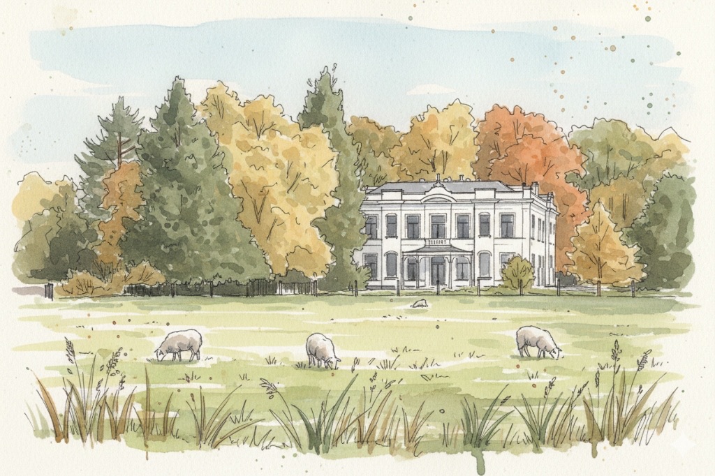 Statig landhuis met schapen in de weide