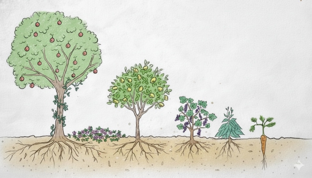 Illustratie van gelaagdheid in een voedselbos